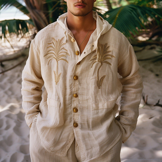 Men's Linen Hooded Shirt | Palm Leaf Embroidery | Casual Lightweight Top | Breathable Premium Fabric | Versatile Styles | Perfect for Beach & Casual Wear | Comfortable & Stylish | Men's Fashion