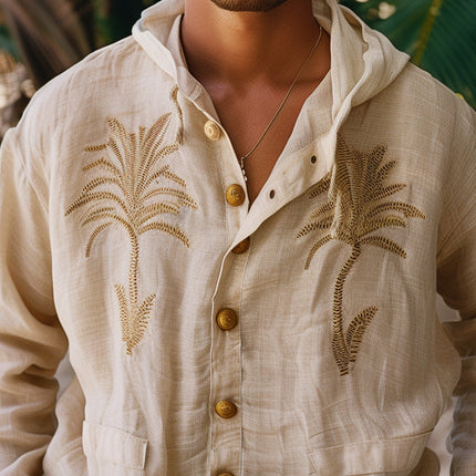 Men's Linen Hooded Shirt | Palm Leaf Embroidery | Casual Lightweight Top | Breathable Premium Fabric | Versatile Styles | Perfect for Beach & Casual Wear | Comfortable & Stylish | Men's Fashion