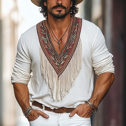Vintage Men's Deep V-Neck T-Shirt | Embroidered | Cotton | Tassel Detail | Short Sleeve | Comfortable Fit | Bohemian Style | Retro Fashion | Eco-Friendly | Cultural Gatherings | Casual Outings | Perfect Layering