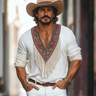 Vintage Men's Deep V-Neck T-Shirt | Embroidered | Cotton | Tassel Detail | Short Sleeve | Comfortable Fit | Bohemian Style | Retro Fashion | Eco-Friendly | Cultural Gatherings | Casual Outings | Perfect Layering