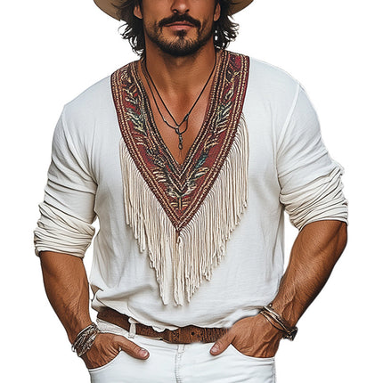Vintage Men's Deep V-Neck T-Shirt | Embroidered | Cotton | Tassel Detail | Short Sleeve | Comfortable Fit | Bohemian Style | Retro Fashion | Eco-Friendly | Cultural Gatherings | Casual Outings | Perfect Layering