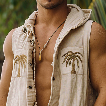 Men's Hooded Vest | Palm Leaf Embroidery | Raw Edge Design | Fashionable Outerwear | Comfortable Fit | Premium Quality Fabric | Unique Style | Casual Wear