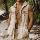Men's Hooded Vest | Palm Leaf Embroidery | Raw Edge Design | Fashionable Outerwear | Comfortable Fit | Premium Quality Fabric | Unique Style | Casual Wear
