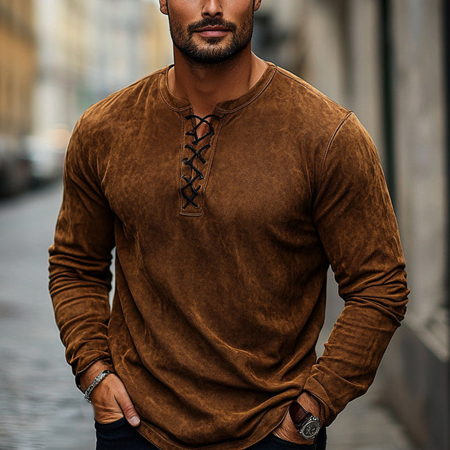 Men's Vintage Brown Suede Lace-Up Long Sleeve Shirt | Retro Style | Premium Quality Suede | Adjustable Lace-Up Neckline | Soft Touch Fabric | Transitional Outerwear | Sizes S-3XL | Statement Piece
