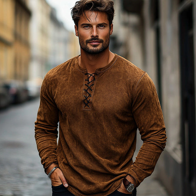 Men's Vintage Brown Suede Lace-Up Long Sleeve Shirt | Retro Style | Premium Quality Suede | Adjustable Lace-Up Neckline | Soft Touch Fabric | Transitional Outerwear | Sizes S-3XL | Statement Piece