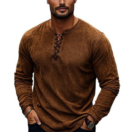 Men's Vintage Brown Suede Lace-Up Long Sleeve Shirt | Retro Style | Premium Quality Suede | Adjustable Lace-Up Neckline | Soft Touch Fabric | Transitional Outerwear | Sizes S-3XL | Statement Piece