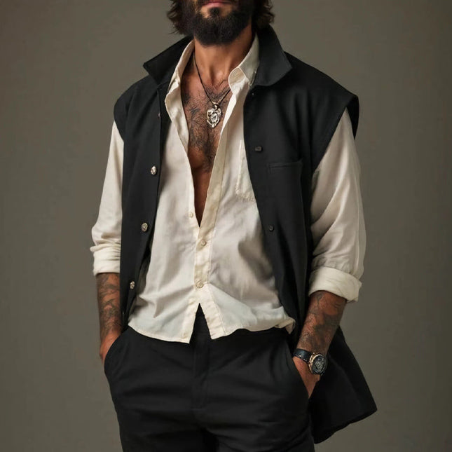 Men's Vest | Pure Black Lapel | Mid-Length Cotton | Tailored Fit | Versatile Outerwear | Sizes Small to 3XL | Soft & Lightweight Fabric | Casual & Formal Wear | Classic & Modern Style