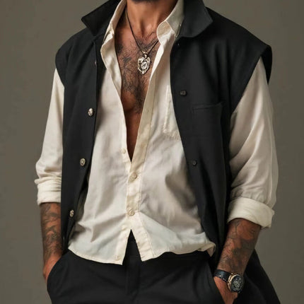 Men's Vest | Pure Black Lapel | Mid-Length Cotton | Tailored Fit | Versatile Outerwear | Sizes Small to 3XL | Soft & Lightweight Fabric | Casual & Formal Wear | Classic & Modern Style