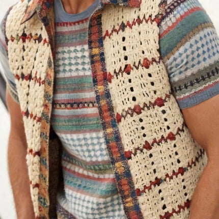 Men's Vintage Knitted Lapel Mesh Vest | Apricot Color | Sleeveless Outerwear | Classic Style with Modern Twist | Breathable and Lightweight Knit | Perfect for Layering | Sizes Available