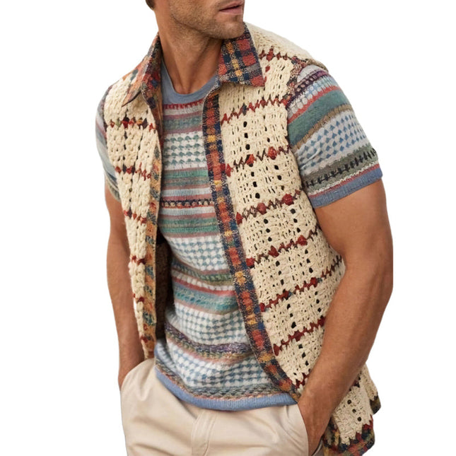 Men's Vintage Knitted Lapel Mesh Vest | Apricot Color | Sleeveless Outerwear | Classic Style with Modern Twist | Breathable and Lightweight Knit | Perfect for Layering | Sizes Available