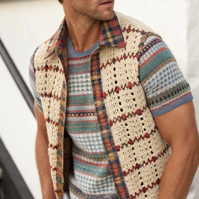 Men's Vintage Knitted Lapel Mesh Vest | Apricot Color | Sleeveless Outerwear | Classic Style with Modern Twist | Breathable and Lightweight Knit | Perfect for Layering | Sizes Available