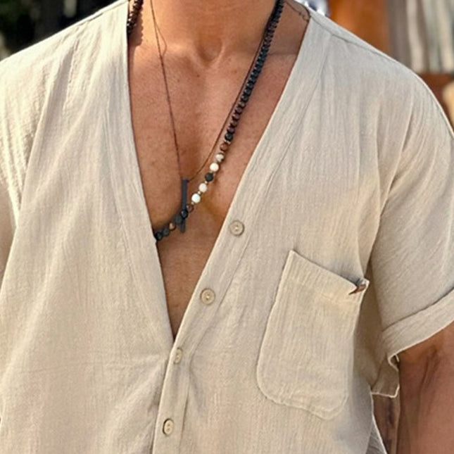 Men's Shirt | Cotton Linen Blend | V-Neck | Short Sleeve | Breathable Casual Top | Lightweight Summer Tee | Stylish Relaxed Fit | Versatile | Comfortable for Warm Weather | Easy to Pair with Chinos or Jeans