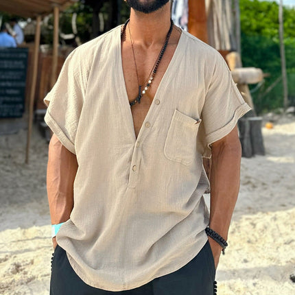 Men's Shirt | Cotton Linen Blend | V-Neck | Short Sleeve | Breathable Casual Top | Lightweight Summer Tee | Stylish Relaxed Fit | Versatile | Comfortable for Warm Weather | Easy to Pair with Chinos or Jeans