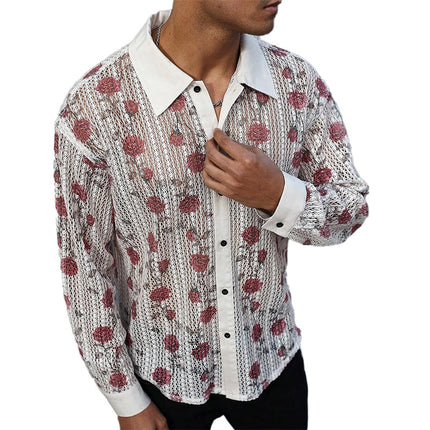 Men's Long Sleeve Knitted Shirt | Rose Jacquard Pattern | Premium Cotton Elastane Fabric | Standard Collar | Button Placket | Adjustable Cuffs | Breathable & Lightweight | Casual & Formal Wear