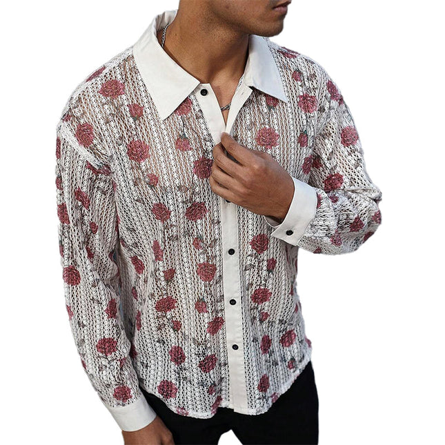 Men's Long Sleeve Knitted Shirt | Rose Jacquard Pattern | Premium Cotton Elastane Fabric | Standard Collar | Button Placket | Adjustable Cuffs | Breathable & Lightweight | Casual & Formal Wear
