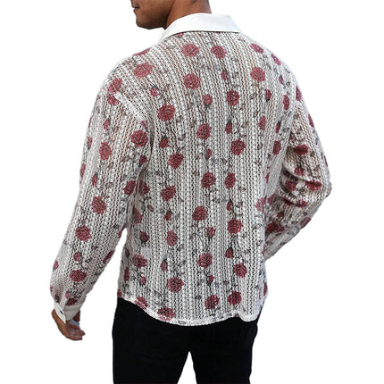 Men's Long Sleeve Knitted Shirt | Rose Jacquard Pattern | Premium Cotton Elastane Fabric | Standard Collar | Button Placket | Adjustable Cuffs | Breathable & Lightweight | Casual & Formal Wear