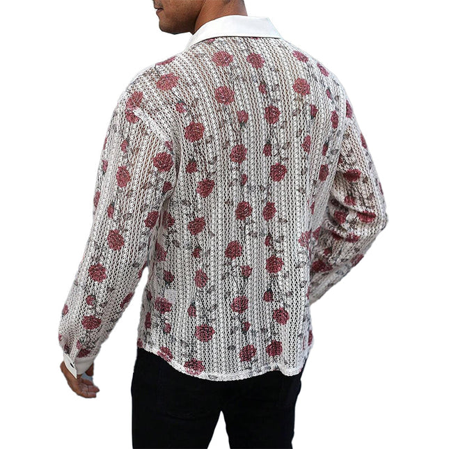 Men's Long Sleeve Knitted Shirt | Rose Jacquard Pattern | Premium Cotton Elastane Fabric | Standard Collar | Button Placket | Adjustable Cuffs | Breathable & Lightweight | Casual & Formal Wear