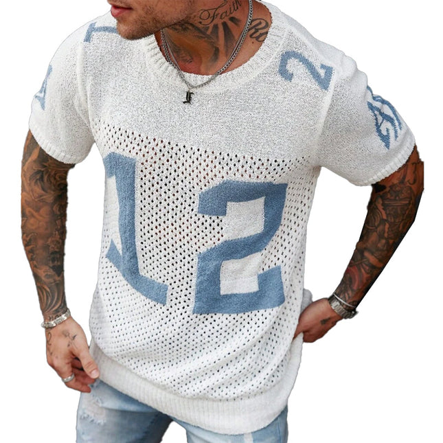 Men's Athletic Jacquard T-Shirt | Crew Neck Short Sleeve Sweater | Sporty Lettering Design | Breathable Fabric Top for Casual & Semi-Formal Occasions