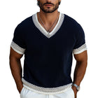 Men's V-Neck Contrast Knit Short Sleeve Sweater | Elegant Design | Premium Fabric | Versatile Color | Comfortable & Stylish Wear | Ideal Layering | Casual & Semi-Formal | Fashion for the Modern Man