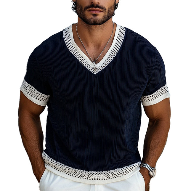 Men's V-Neck Contrast Knit Short Sleeve Sweater | Elegant Design | Premium Fabric | Versatile Color | Comfortable & Stylish Wear | Ideal Layering | Casual & Semi-Formal | Fashion for the Modern Man