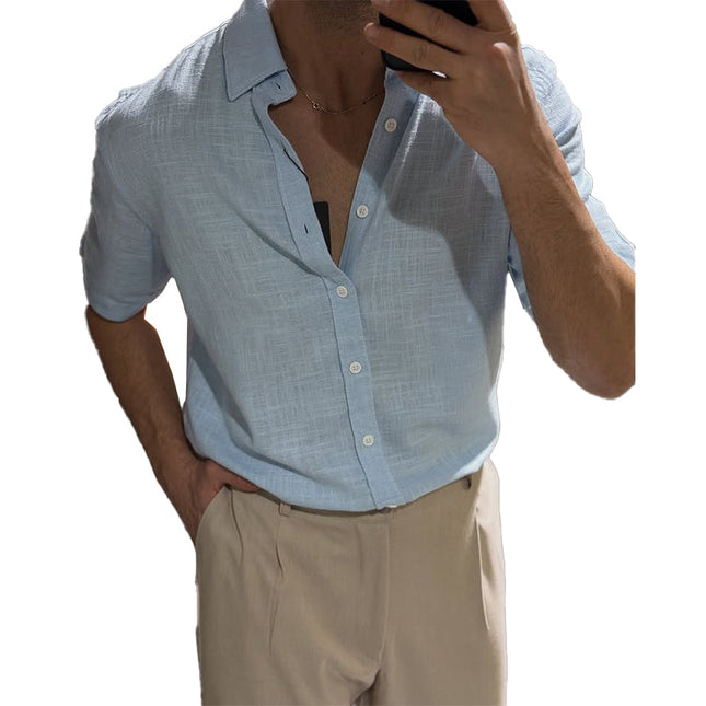 Men's Casual Button-Down Shirt | Cotton Linen Blend | Short Sleeve Lapel Collar | Breathable & Durable | Versatile Fit | Classic Design | Ideal for Casual & Semi-Formal Occasions