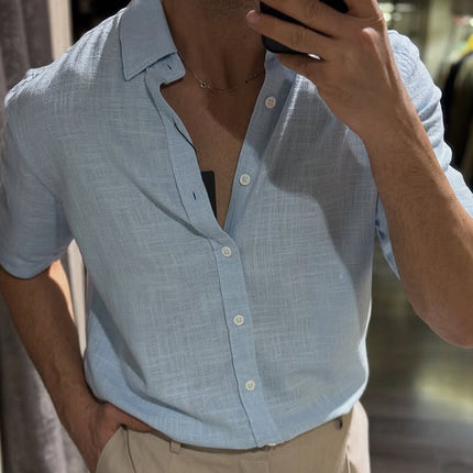 Men's Casual Button-Down Shirt | Cotton Linen Blend | Short Sleeve Lapel Collar | Breathable & Durable | Versatile Fit | Classic Design | Ideal for Casual & Semi-Formal Occasions