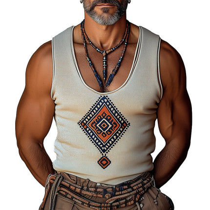 Men's Geometric Embroidered Tank Top | Casual Sleeveless Shirt | Unique Pattern | Comfortable Summer Wear | High-Quality Durable Fabric | Stylish Addition to Wardrobe