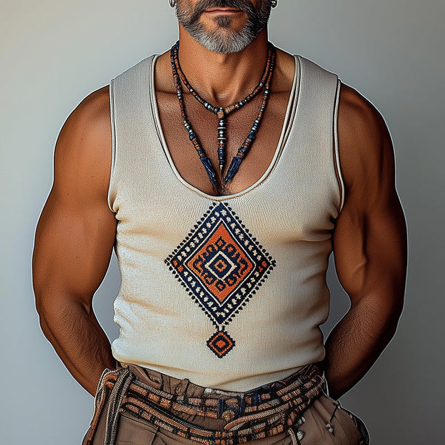 Men's Geometric Embroidered Tank Top | Casual Sleeveless Shirt | Unique Pattern | Comfortable Summer Wear | High-Quality Durable Fabric | Stylish Addition to Wardrobe