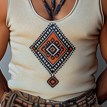 Men's Geometric Embroidered Tank Top | Casual Sleeveless Shirt | Unique Pattern | Comfortable Summer Wear | High-Quality Durable Fabric | Stylish Addition to Wardrobe