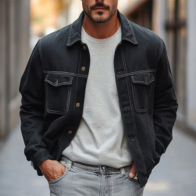Men's High-Quality Denim Lapel Jacket | Classic Solid Design | Premium Fabric | Versatile Outerwear | Button-Up | Functional Pockets | Relaxed Fit | Timeless Fashion | Comfort and Durability