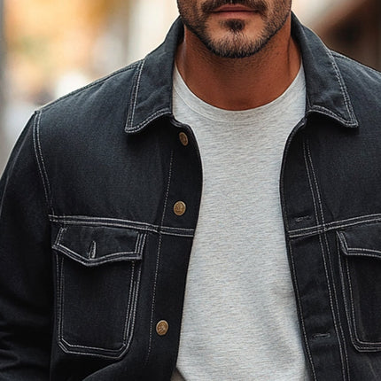 Men's High-Quality Denim Lapel Jacket | Classic Solid Design | Premium Fabric | Versatile Outerwear | Button-Up | Functional Pockets | Relaxed Fit | Timeless Fashion | Comfort and Durability