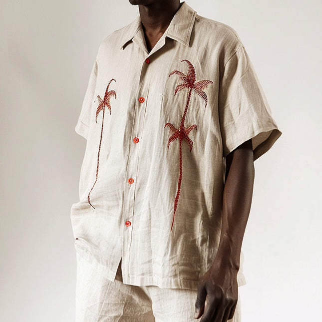 Men's Palm Leaf Embroidered Short Sleeve Shirt | Casual Tropical Print | Relaxed Fit | Lightweight Breathable Fabric | Summer Beach Style | High-Quality Stitching | Comfortable Everyday Wear