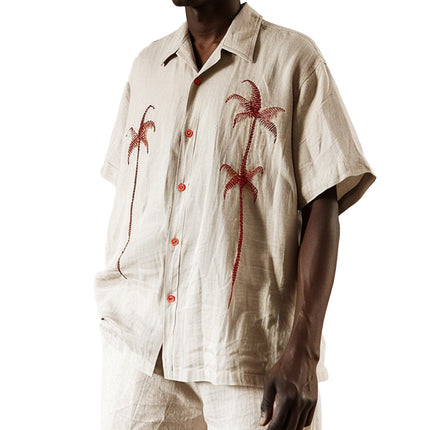 Men's Palm Leaf Embroidered Short Sleeve Shirt | Casual Tropical Print | Relaxed Fit | Lightweight Breathable Fabric | Summer Beach Style | High-Quality Stitching | Comfortable Everyday Wear