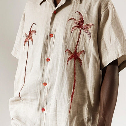Men's Palm Leaf Embroidered Short Sleeve Shirt | Casual Tropical Print | Relaxed Fit | Lightweight Breathable Fabric | Summer Beach Style | High-Quality Stitching | Comfortable Everyday Wear