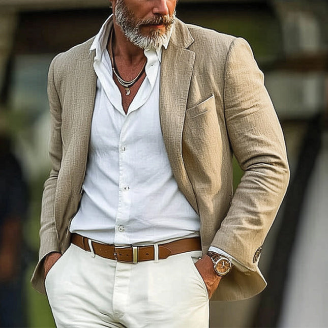 Men's Khaki Cotton Linen Blazer | Spring Autumn Casual Outerwear | Single-Breasted Notched Lapel | Full Length Sleeves | Breathable Comfortable Fit | Tailored Sizes Small to 3XL | Versatile Timeless Style