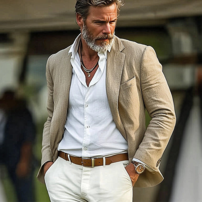 Men's Khaki Cotton Linen Blazer | Spring Autumn Casual Outerwear | Single-Breasted Notched Lapel | Full Length Sleeves | Breathable Comfortable Fit | Tailored Sizes Small to 3XL | Versatile Timeless Style