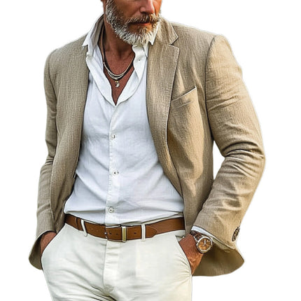 Men's Khaki Cotton Linen Blazer | Spring Autumn Casual Outerwear | Single-Breasted Notched Lapel | Full Length Sleeves | Breathable Comfortable Fit | Tailored Sizes Small to 3XL | Versatile Timeless Style