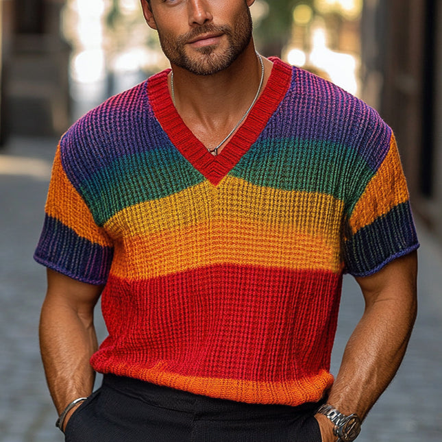 Men's Knitted T-Shirt | Rainbow Stripe Short Sleeve Sweater | Soft Breathable Fabric | Vibrant Colorful Design | Casual Everyday Wear