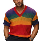 Men's Knitted T-Shirt | Rainbow Stripe Short Sleeve Sweater | Soft Breathable Fabric | Vibrant Colorful Design | Casual Everyday Wear