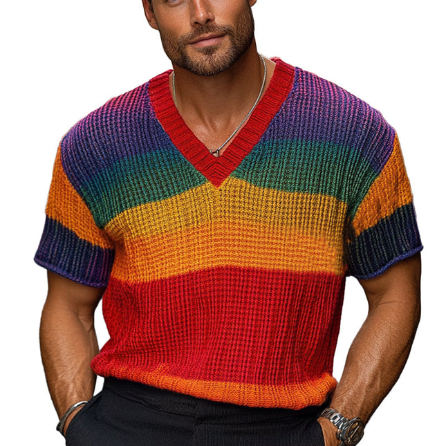 Men's Knitted T-Shirt | Rainbow Stripe Short Sleeve Sweater | Soft Breathable Fabric | Vibrant Colorful Design | Casual Everyday Wear