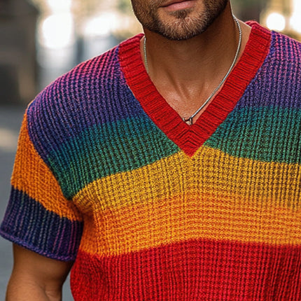 Men's Knitted T-Shirt | Rainbow Stripe Short Sleeve Sweater | Soft Breathable Fabric | Vibrant Colorful Design | Casual Everyday Wear