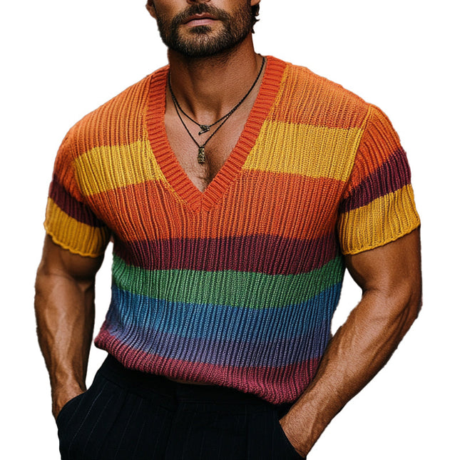 Men's Rainbow Knit V-Neck Sweater T-Shirt | Short Sleeve | Multicolor Pattern | Comfortable Soft Material | Casual Versatile Style | Fashion-Forward Design | Ideal for Layering | Premium Quality