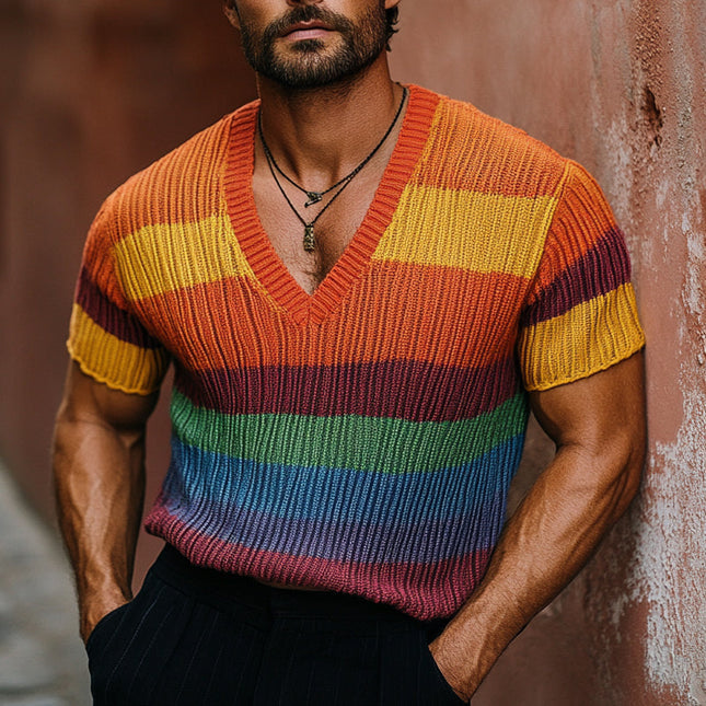Men's Rainbow Knit V-Neck Sweater T-Shirt | Short Sleeve | Multicolor Pattern | Comfortable Soft Material | Casual Versatile Style | Fashion-Forward Design | Ideal for Layering | Premium Quality