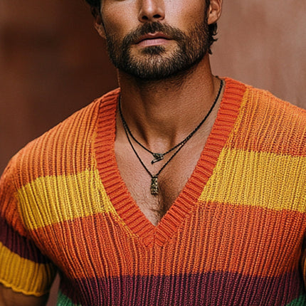 Men's Rainbow Knit V-Neck Sweater T-Shirt | Short Sleeve | Multicolor Pattern | Comfortable Soft Material | Casual Versatile Style | Fashion-Forward Design | Ideal for Layering | Premium Quality
