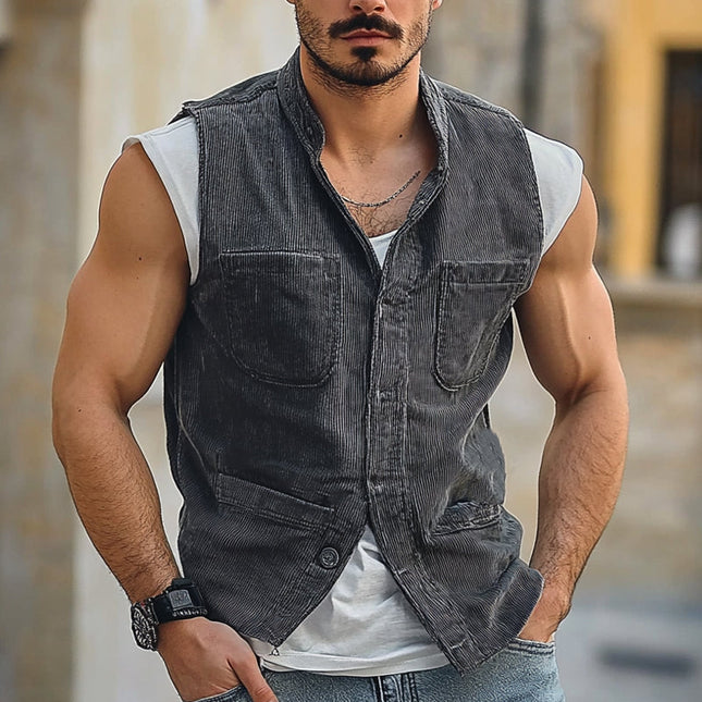 Men's Corduroy Vest | Vintage Stand Collar | Multi-Pocket Design | Classic Outerwear | Durable & Warm | Stylish Retro Fashion | Casual & Semi-Formal | Modern Functional Wardrobe Essential
