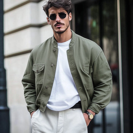Men's Short Work Jacket | Army Green | Spring & Autumn | Cotton | Full-Length Sleeves | Adjustable Cuffs | Modern Workwear Style | Versatile & Comfortable | Sizes Small to 3XL | Durable & Breathable Fabric
