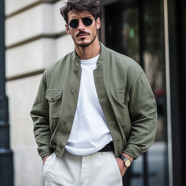Men's Short Work Jacket | Army Green | Spring & Autumn | Cotton | Full-Length Sleeves | Adjustable Cuffs | Modern Workwear Style | Versatile & Comfortable | Sizes Small to 3XL | Durable & Breathable Fabric