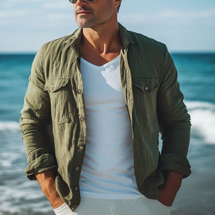 Men's Long Sleeve Shirt | Army Green | Cotton Linen Blend | Spring Autumn | Point Collar | Breathable Fabric | Versatile Casual Semi-Formal Wear | Comfortable Fit | Adjustable Button Cuffs | Sizes S-3L