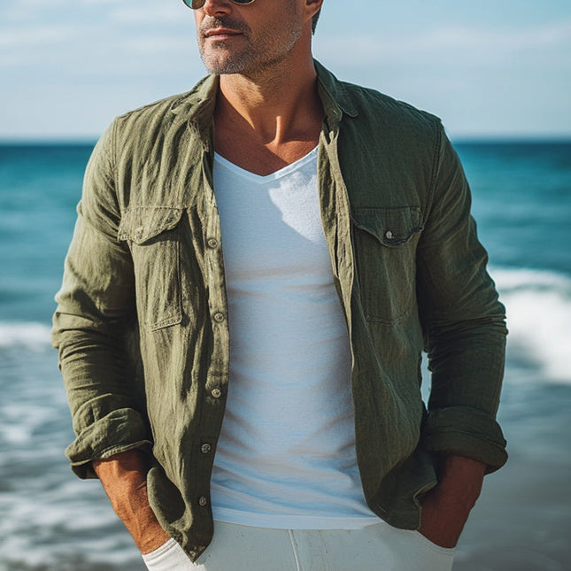 Men's Long Sleeve Shirt | Army Green | Cotton Linen Blend | Spring Autumn | Point Collar | Breathable Fabric | Versatile Casual Semi-Formal Wear | Comfortable Fit | Adjustable Button Cuffs | Sizes S-3L