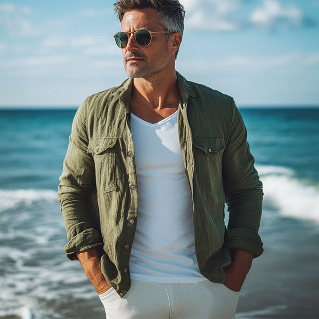 Men's Long Sleeve Shirt | Army Green | Cotton Linen Blend | Spring Autumn | Point Collar | Breathable Fabric | Versatile Casual Semi-Formal Wear | Comfortable Fit | Adjustable Button Cuffs | Sizes S-3L
